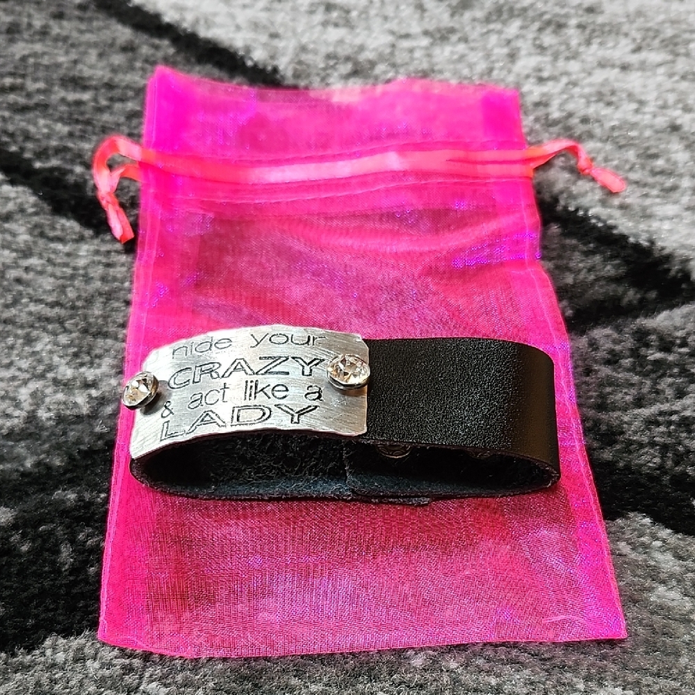 HAND STAMPED METAL PLATE RHINESTONES BLACK LEATHER BRACELET
